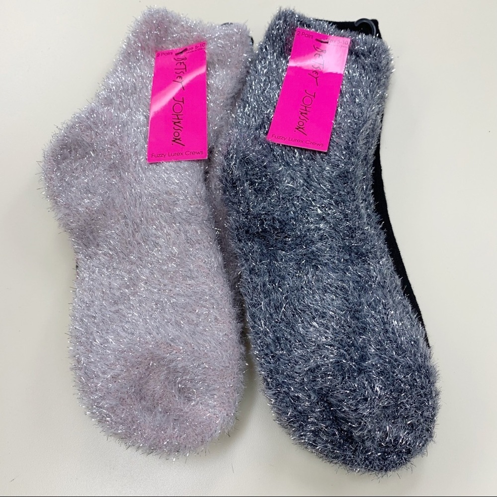 Betsey Johnson Women’s Fuzzy Lurex Metallic & Plain Black Crew Socks SZ 5-10 NWT